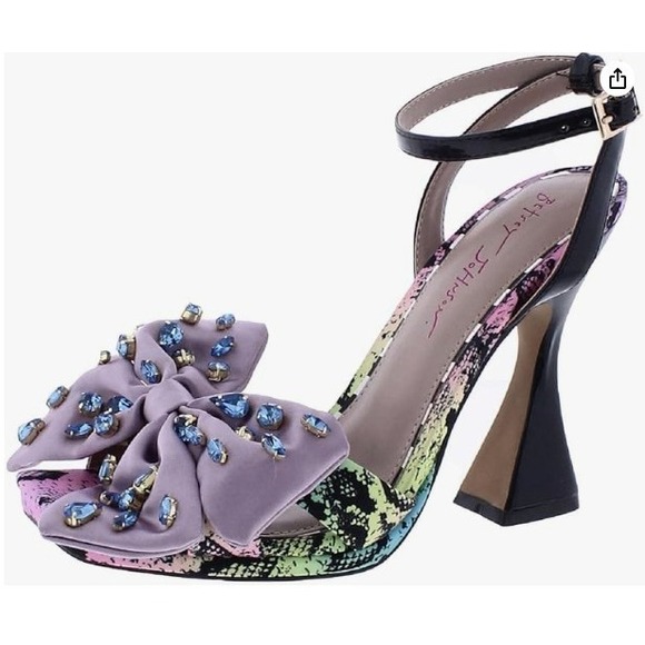 Betsey Johnson Womens 6.5M Loise Peep Toe Purple Bow Snake Pump Heels Sandals - Picture 1 of 12